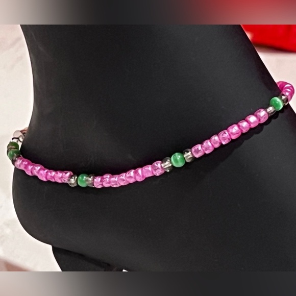 Pink and Green Handmade Beaded Ankle Bracelet - Picture 2 of 7